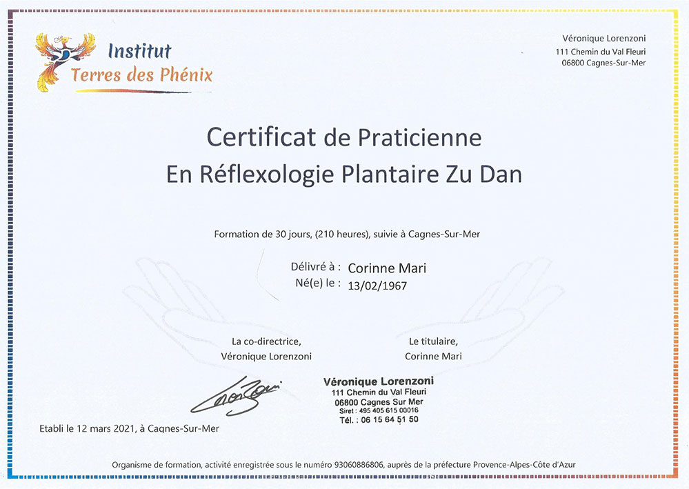 Certificat réflexologie plantaire Zu Dan