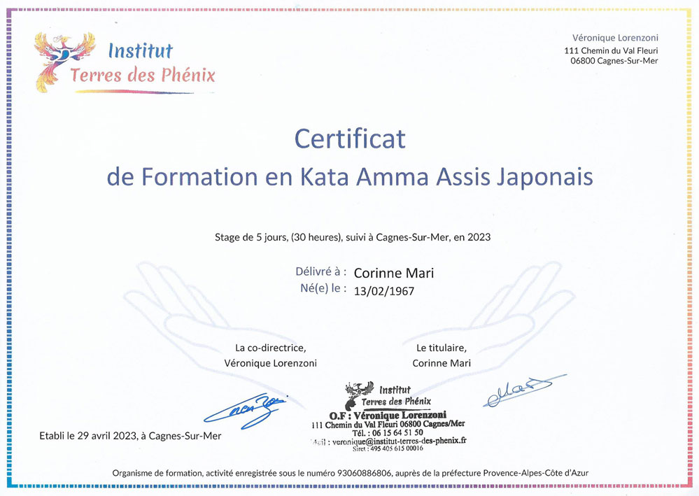 Certificat de Formation en Kata Amma Assis Japonais